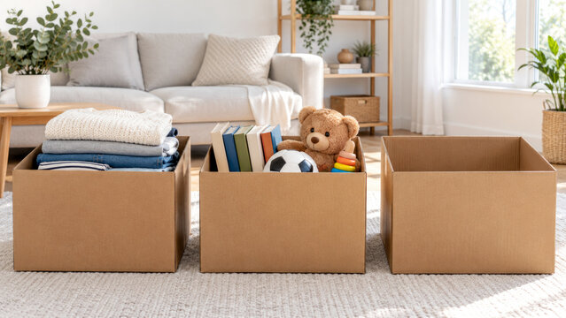 Three cardboard boxes with clothes books and toys in living room - decluttering keep donate discard sorting concept