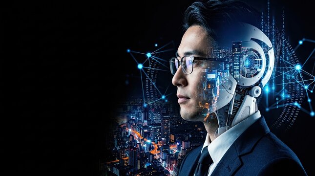 Man wearing augmented reality headset overlooking futuristic digital cityscape at night with Person glasses suit uses advanced headgear while viewing glowing digital city background digitalnetworking