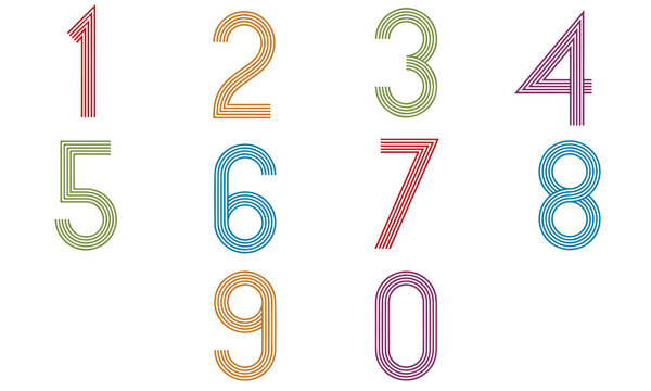 Retro multi line number set vector illustration with vintage colorful parallel lines from 0 to 9. Ideal for anniversary logo design, birthday typography, sports jersey font, and year countdowns.