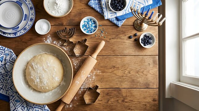 Top view of baking cookies for hanukkah on a wooden kitchen table with a rolling pin and menorah. Hanukkah recipe inspiration