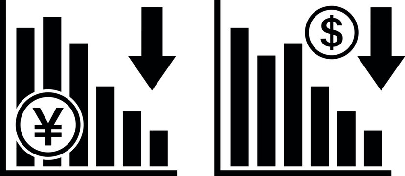Economic Crisis And Recession Bar Chart Icon Set With Falling Arrow Dollar Yen Currency Vector Illustration