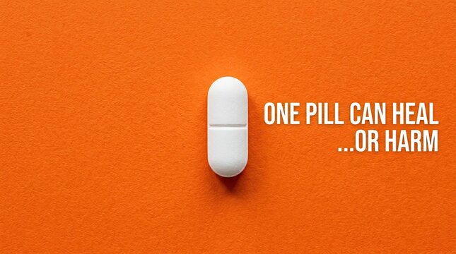 Single pill on bright orange background with cautionary text with White capsule pill rests solid orange surface warning text beside medical illustration medicine information medicine precaution