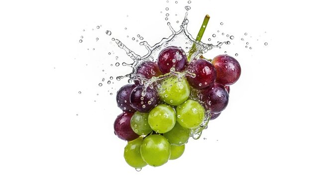 A bunch of purple and green grapes bursts into water. The water droplets create a splash effect, highlighting the fruit's freshness and juiciness.