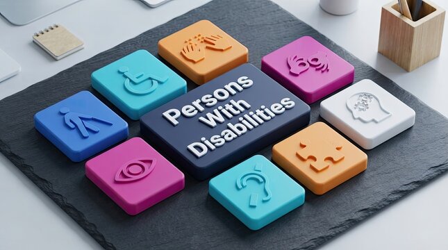 Colorful modular blocks illustrating persons with various disabilities on a workspace surface with symbols representing different types disabilities flat barrier free representative accessibility