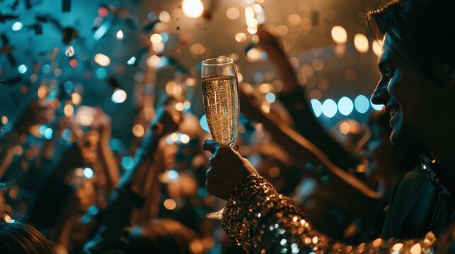 Smiling party guest raises champagne glass during lively celebration with confetti, warm bokeh and cheering crowds, capturing festive toast, nightlife, New Year excitement, friendships and joyful mood