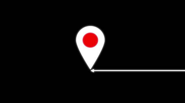 Animation of white and red map pin icons. Location Pin Animation with Horizontal Line on Black Background