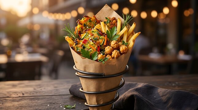 A delightful and appetizing image showcasing a generous portion of poutine a classic canadian dish served in a convenient paper container perfect for enjoying