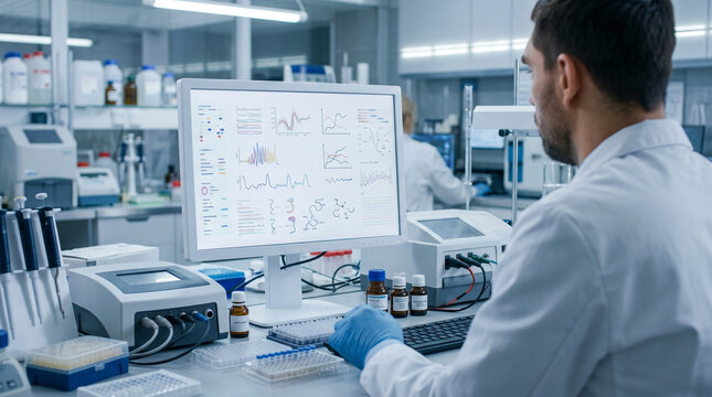 Focused professional researcher examining computer monitor in modern laboratory, feeling concentrated, analytical and diligent work