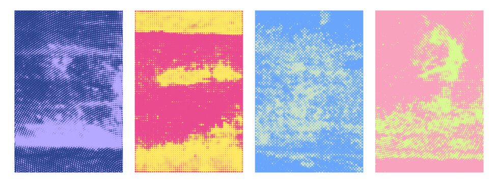 Colorful halftone grunge poster texture set in purple, pink, blue, yellow. Abstract punk backgrounds with distressed dot pattern, rough print effect, retro style for banner, flyer, scrapbook