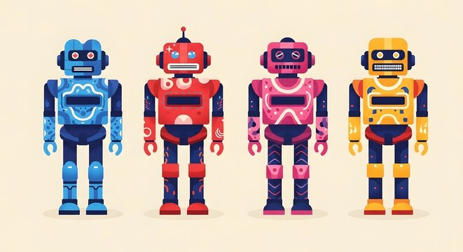A collection of four colorful retro style toy robots standing in a row on a light background