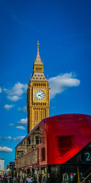 Big Ben Clock Tower (Elizabeth Tower) Against Blue Sky, Iconic London Landmark, Gothic Revival Architecture