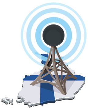 3D illustration symbolizing Finnish telecommunication coverage, radio antenna broadcasting, mobile data transmission, and wireless signal network on the map of Finland (cut out)