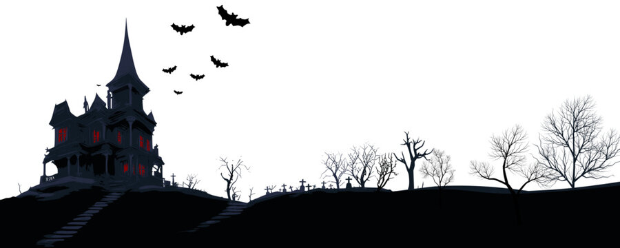 Halloween night panoramic illustration symbolizing gothic horror, eerie mystery, and supernatural dread with an old haunted mansion, cemetery, and flying bats (cut out)