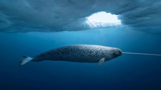 Narwhal Whale Swimming Underwater Beneath Cloudy Ocean Surface, Sunlight Through Arctic Water, Long Tusk and Marine Sea Ice Scene