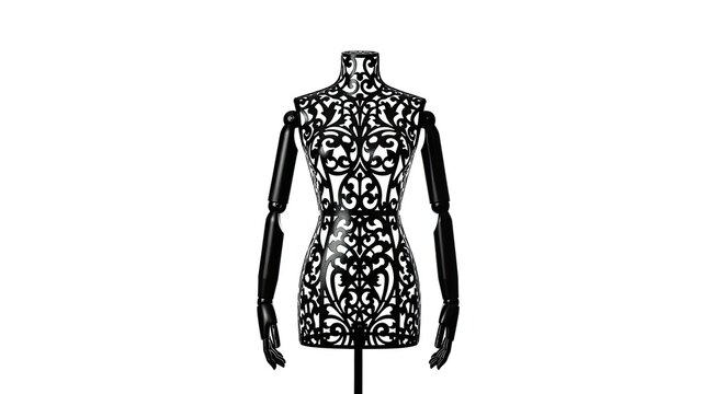 A black and white mannequin stands on a white background. The mannequin has a decorative, ornate pattern on its torso and arms.