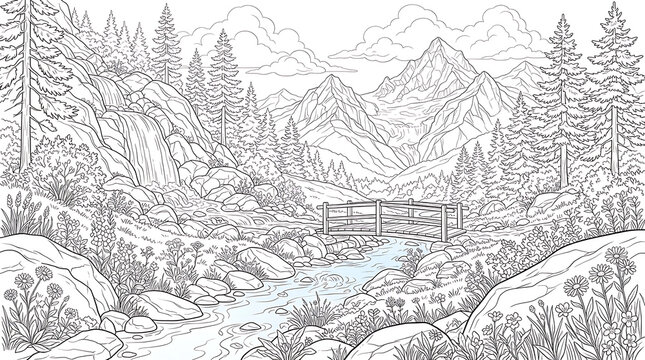 Detailed engraving of a forest landscape with river and distant mountains