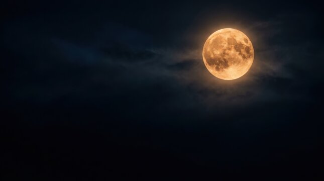 Full Moon, Vibrant Orange Hue Against a Dark, Cloudy Night Sky. Celestial Sphere, Atmospheric Lighting, Cosmic Wonder