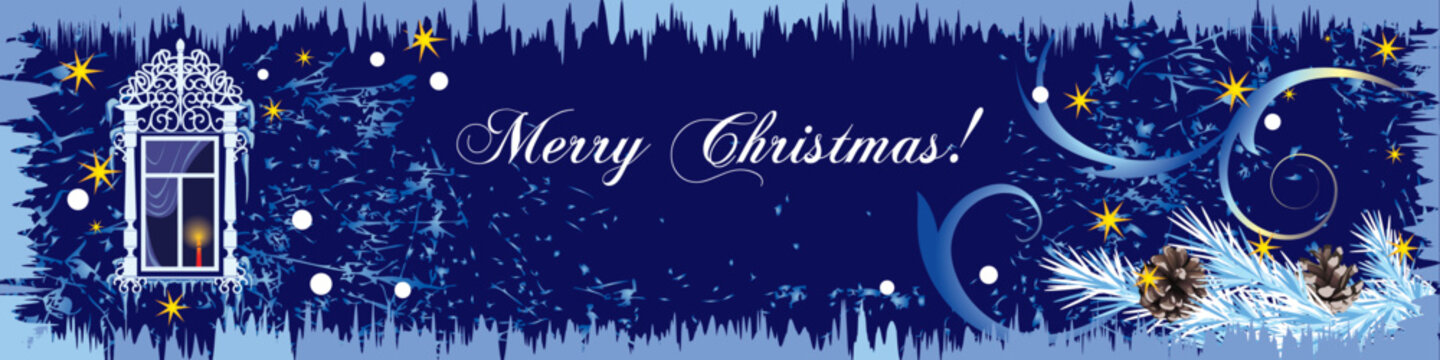 Merry Christmas greeting card with ornate window frame, pine cones, and glowing stars on dark blue background