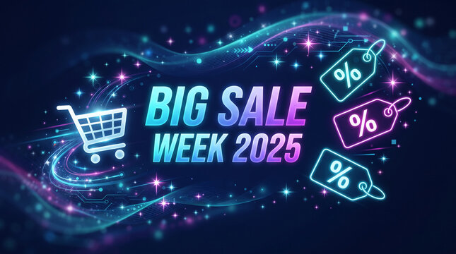 Neon shopping cart and sale tags on a futuristic dark background with glowing lines, representing a big sale event.