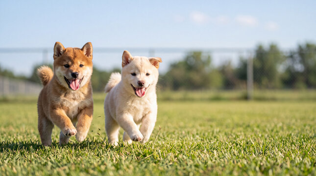 芝生のドッグランを元気に駆けてくる2匹の柴犬の子犬、笑顔で走る愛らしいペットの一場面 / Two Shiba Inu puppies running joyfully toward the camera across a grassy dog run, an adorable pet scene