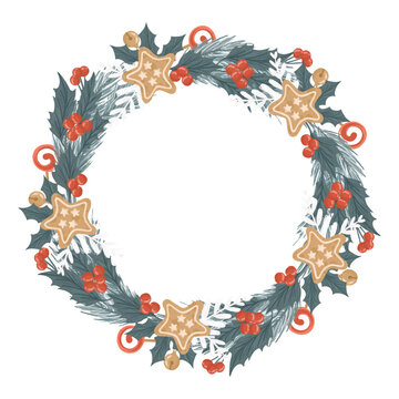 Christmas wreath with gingerbread star cookies, holly berries, and pine branches on white background