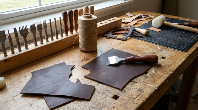 Leather crafting workspace featuring professional tools, wooden handles, stitching thread, and cut hides on workbench indoors