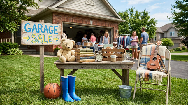 Yard sale scene with a teddy bear, books, ukulele, and other items displayed on a table and chair, symbolizing second-hand deals and community gathering
