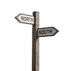 Wooden signpost pointing toward north and south directions isolated on transparent background © MDRASIDHASAN