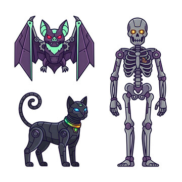 Cybernetic Halloween creatures set robotic bat cyborg black cat and mech skeleton vector
