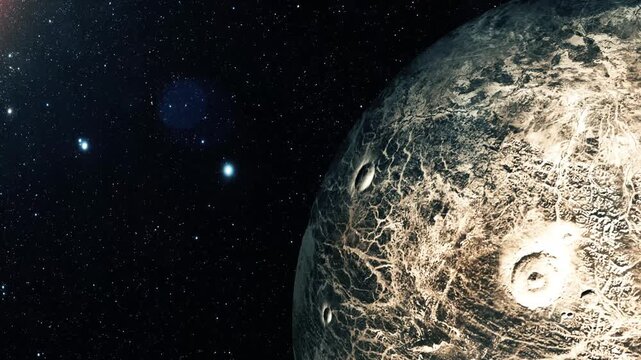 Rocky planet in deep space with a starry background, showing a cratered surface and dramatic light on one side.