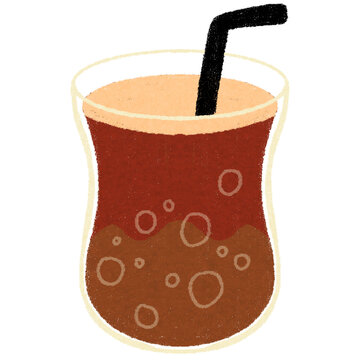Cute Crayon Textured Ice Cola Drink Illustration with Straw, Hand Drawn Soda Beverage Vector Element Isolated on White Background for Fast Food Menu, Sticker and Cafe Design