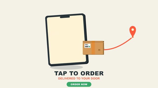 An animated vector sequence illustrates an e-commerce order process, featuring a smartphone, shipping box, location pin, and call to action buttons on a neutral background. Perfect for digital

