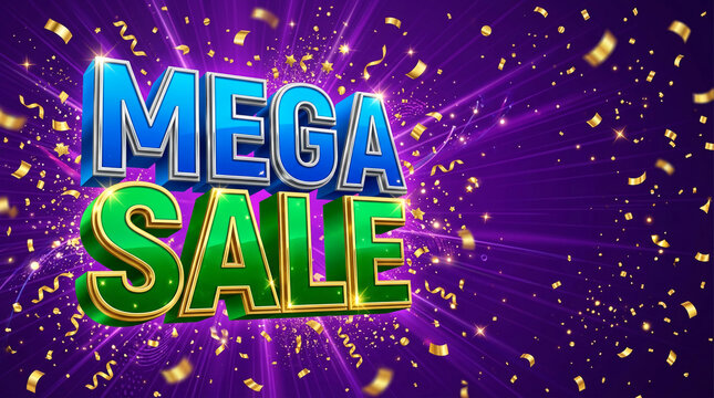 Text "Mega Sale" with confetti and bright beams on a purple background, symbolizing promotion and celebration