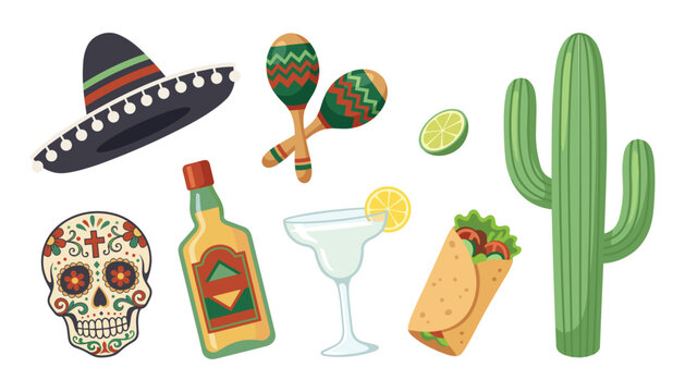 Mexican culture vector illustration set. Sombrero hat, maracas, cactus, burrito, tequila bottle and sugar skull.