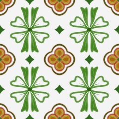 Hand-drawn floral repeat featuring large green petal forms, warm ochre quatrefoil blossoms, and small green diamond accents on a white ground, with a softly textured illustrated finish. © Prayma