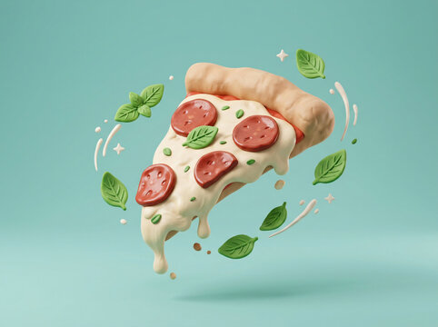 3D render of a delicious pepperoni pizza slice with melting cheese and fresh basil leaves.