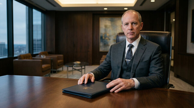Confident Businessman Sitting at Desk in Office