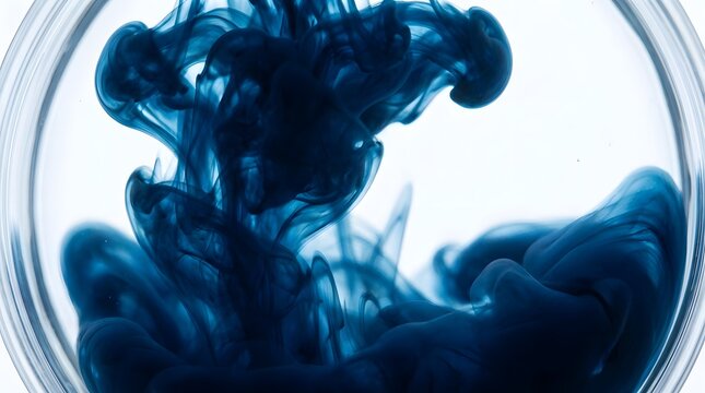 Dark blue ink swirling inside clear water creating abstract fluid motion captured against bright white background