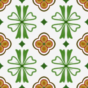 Hand-drawn floral repeat featuring large green petal forms, warm ochre quatrefoil blossoms, and small green diamond accents on a white ground, with a softly textured illustrated finish.