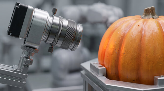 industrial camera inspecting a pumpkin in an automated factory setting