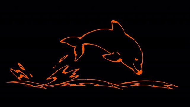 A minimalist 2D animation of a dolphin jumping out of the ocean water. Marine animal leaping element isolated with transparent alpha channel.