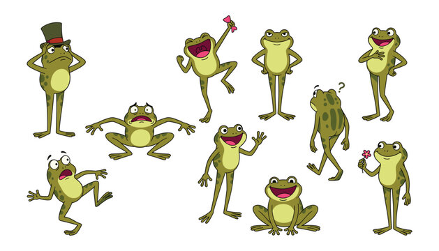 Funny cartoon frog character vector illustration set. Top hat, flower, question mark, bones, expressions, poses and emotions.