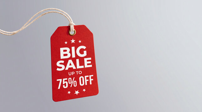 Red tag with "BIG SALE UP TO 75% OFF" and stars, symbolizing discount, promotion and bargain opportunity