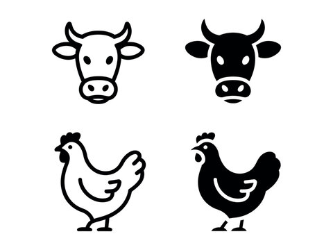 Farm animal head icons cow and chicken in outline and solid styles
