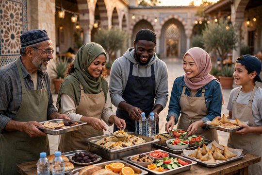 Diverse Muslim Volunteers Serving Community Iftar Food In Mosque Courtyard