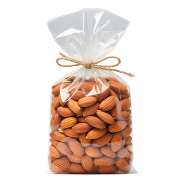 Almonds in clear plastic bag with twine bow isolated on transparent background for commercial food packaging design