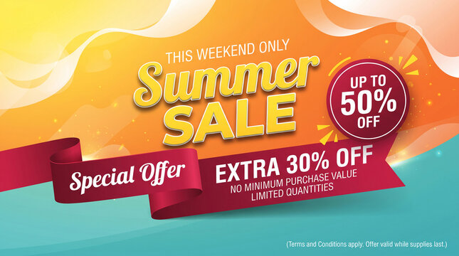 Bold "Summer SALE" announcement with "Up to 50% OFF" and "Extra 30% OFF" offers, symbolizing seasonal discounts and shopping opportunities