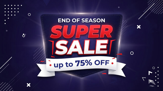Blue background with geometric shapes, promoting an end-of-season super sale with a 75% discount, representing clearance and savings