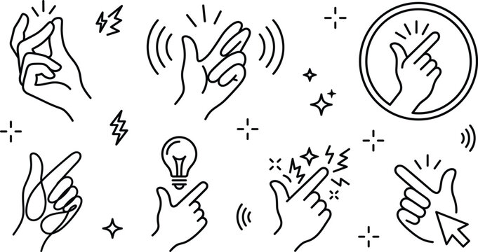 Finger snapping gestures and click concept symbols collection in doodle vector style