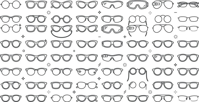 Fashion eyeglasses frames and modern sunglasses collection in doodle vector style
